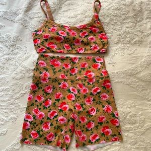 Aerie American Eagle Offline 7” Rose Print Bike Shorts & Sports Bra Set - Size L